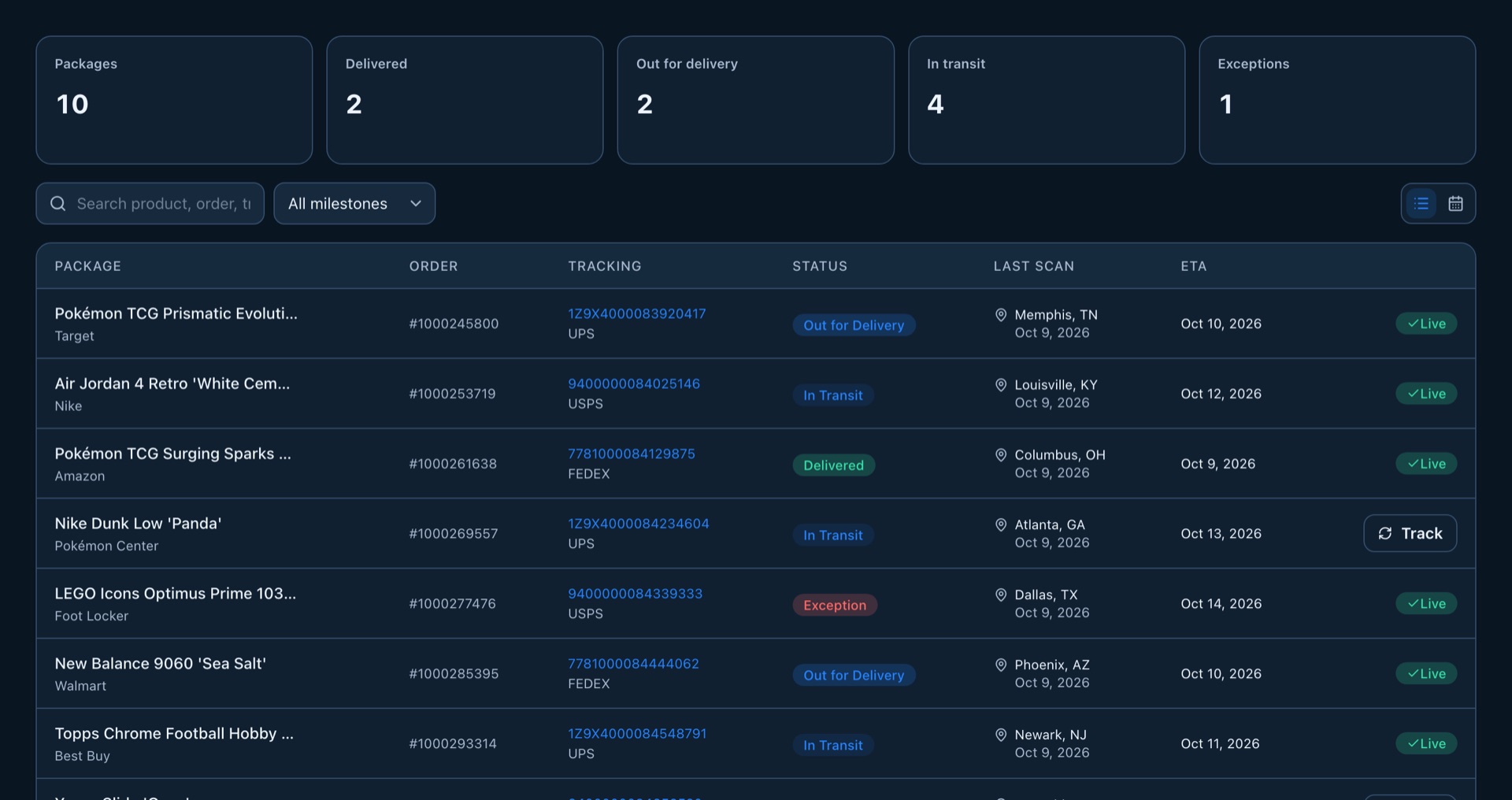 Nexus package tracking: carrier status, last scan location and ETA for every order